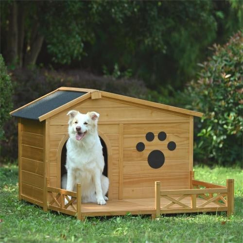 48" Wooden Outdoor Dog House with Porch & Waterproof Roof – Cozy Medium Pet Kennel with Fence