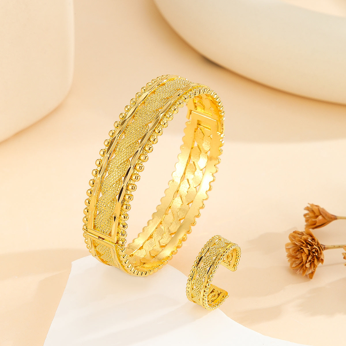 Vintage Gold-Plated Bracelet & Open Ring Jewelry Set – Elegant 2-Piece Festival & Wedding Accessory