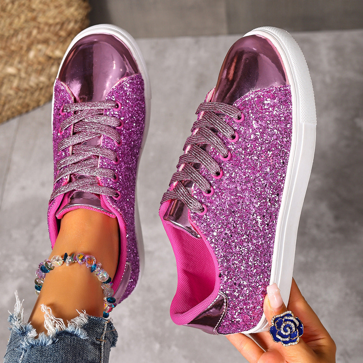 Women’s Plus Size Sequined Lace-Up Sneakers – Shiny Casual Solid Color Board Shoes