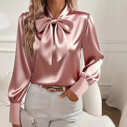 Women’s Satin Long Sleeve Bow-Tie Blouse – Solid Color Casual Top