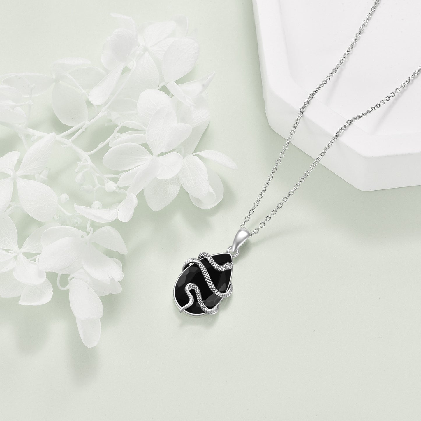 Sterling Silver Crystal Snake Necklace – Black Obsidian & Tourmaline