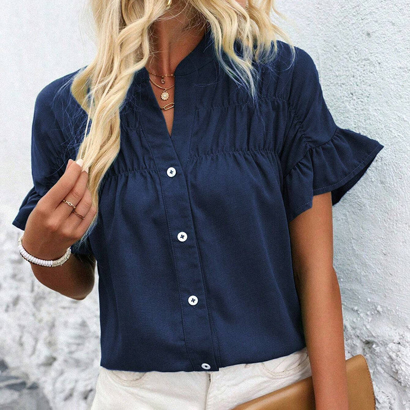 Women’s Ruffle Sleeve Summer Button-Down Blouse – Dressy V-Neck Work Top