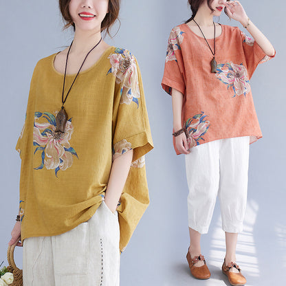 Korean Cotton Linen Half-Sleeve Summer Top