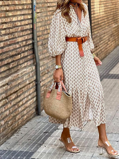 Women’s Printed V-Neck Puff Sleeve Dress – Elegant Temperament Floral Midi Dress