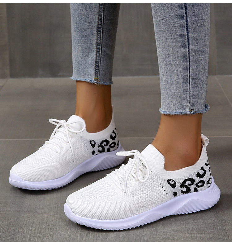 Women’s White Leopard Print Lace-Up Sneakers – Trendy Casual Sports Shoes