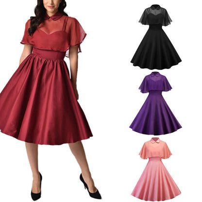 Women’s Two-Piece Dress Set – Cape Shawl Doll Collar Elegant Outfit