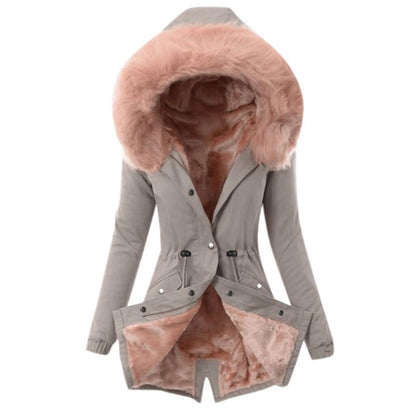 Fur Trim Cozy Draw Coat – Women’s Warm Solid Color Winter Cotton Jacket