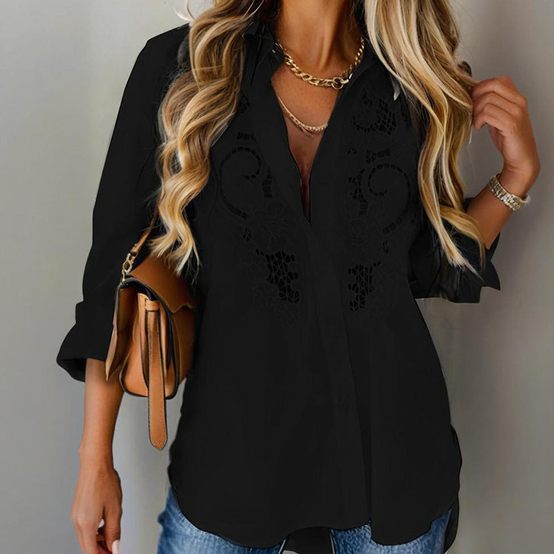Women’s Contrast Lace Button-Down Blouse – Long Sleeve Fall Fashion Top
