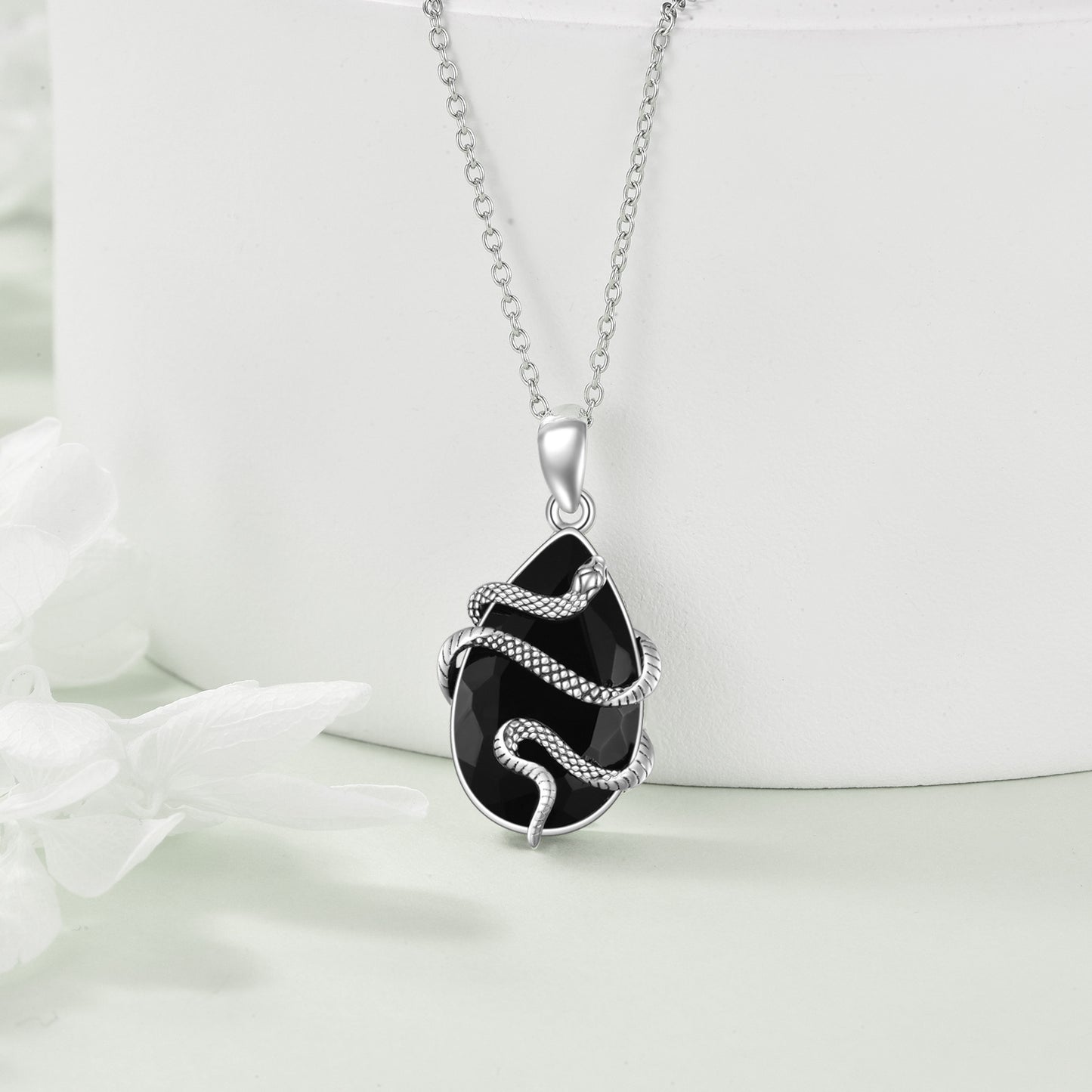 Sterling Silver Crystal Snake Necklace – Black Obsidian & Tourmaline