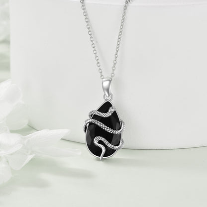 Sterling Silver Crystal Snake Necklace – Black Obsidian & Tourmaline