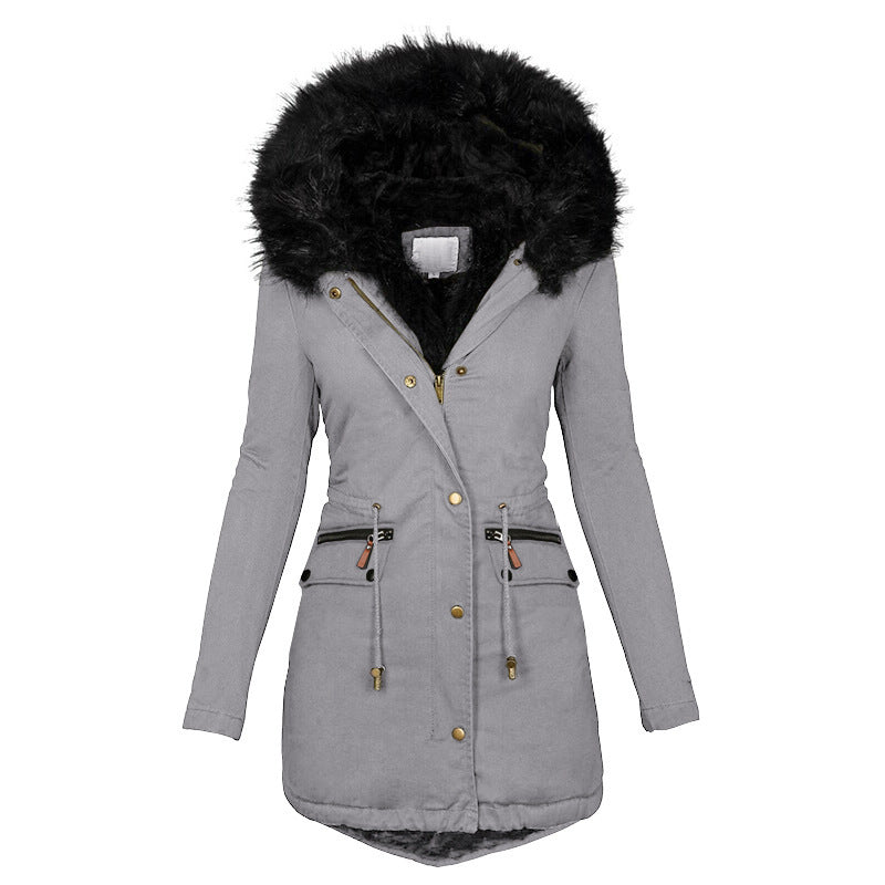 Plush Warm Hooded Parka – Women’s Thick Winter Zip-Up Mid-Length Coat
