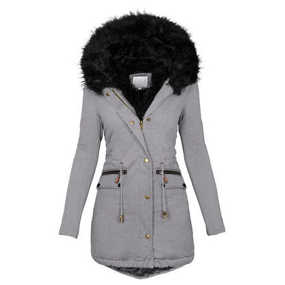 Plush Warm Hooded Parka – Women’s Thick Winter Zip-Up Mid-Length Coat
