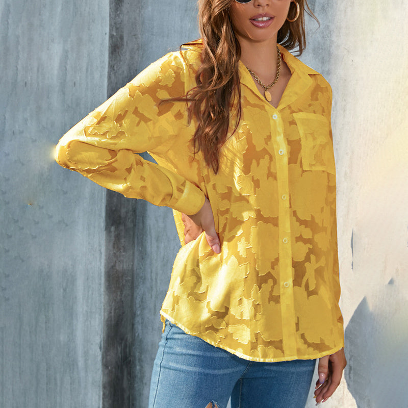 Women’s Sheer Jacquard Button-Down Shirt – V-Neck Long Sleeve Blouse