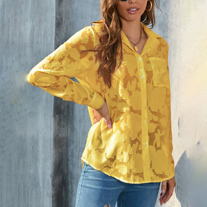 Women’s Sheer Jacquard Button-Down Shirt – V-Neck Long Sleeve Blouse