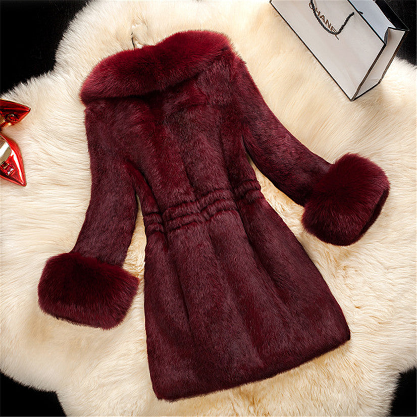 Luxury Fox-Collar Rabbit Fur Long Coat – Women’s Premium Winter Elegance