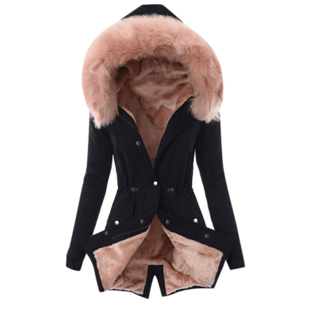 Fur Trim Cozy Draw Coat – Women’s Warm Solid Color Winter Cotton Jacket
