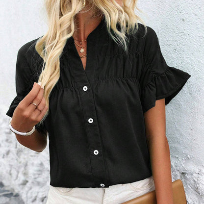Women’s Ruffle Sleeve Summer Button-Down Blouse – Dressy V-Neck Work Top