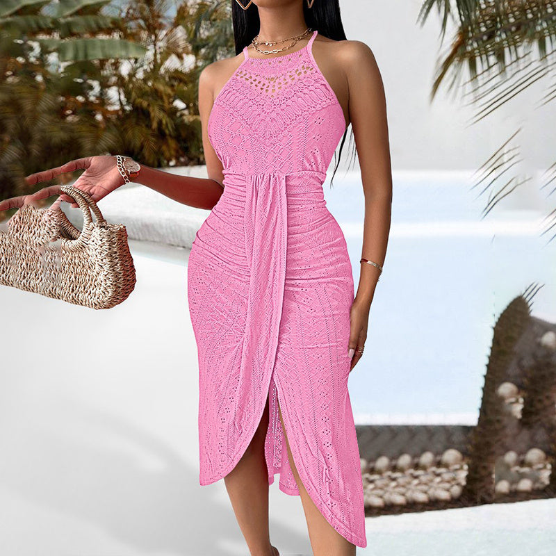 Women’s Halter Neck Ruched Bodycon Dress – Elegant Sleeveless Cocktail Midi Dress