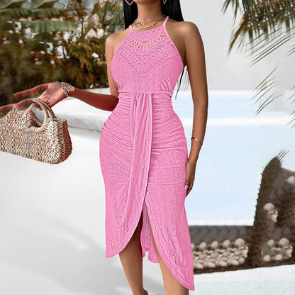 Women’s Halter Neck Ruched Bodycon Dress – Elegant Sleeveless Cocktail Midi Dress