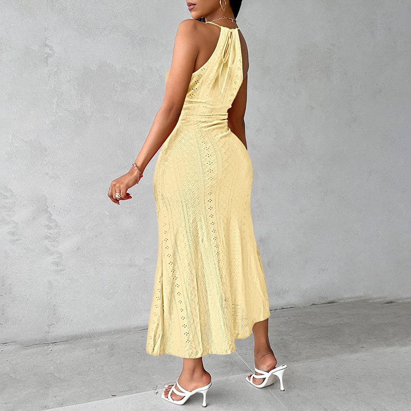 Women’s Halter Neck Ruched Bodycon Dress – Elegant Sleeveless Cocktail Midi Dress