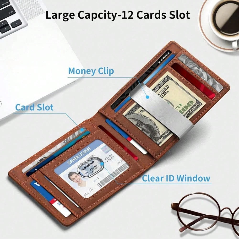 Slim Leather Bifold Wallet with Money Clip & RFID Protection