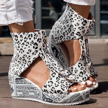 Women’s Leopard Print Wedge Heels – Round Toe Open Fish Mouth Casual High Heel Shoes
