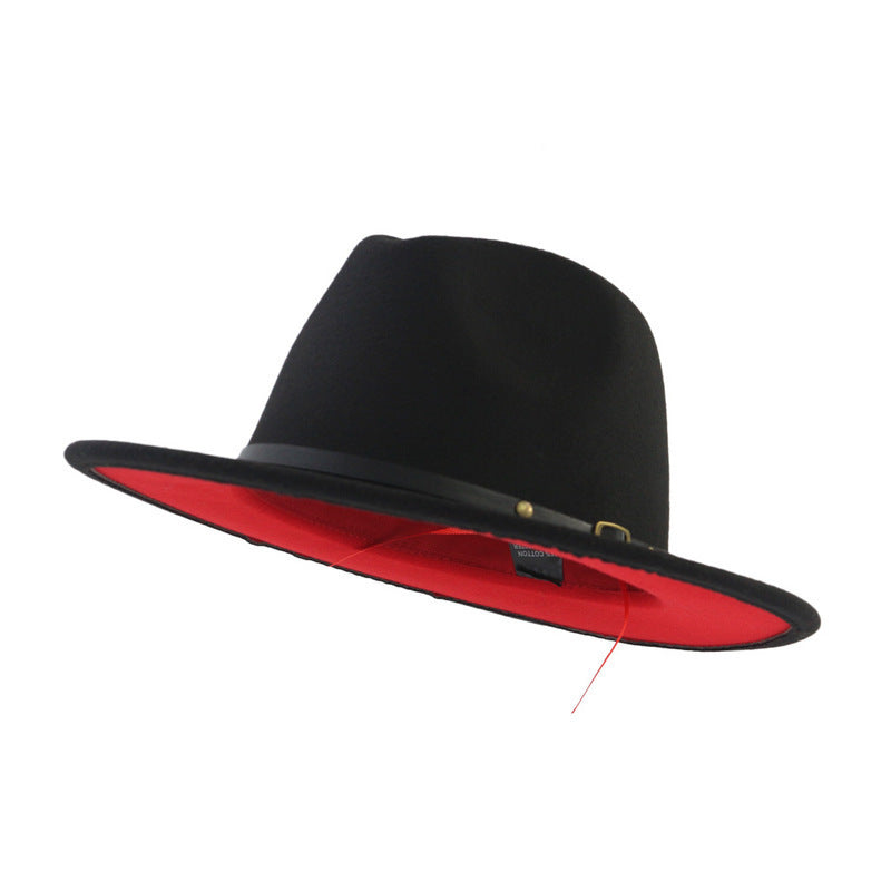 Woolen Top Color Matching Flat Brim Fedora Jazz Hat