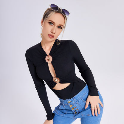 Women’s Metal Accent Slim Fit Top – Modern Minimalist Fashion Blouse