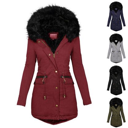 Plush Warm Hooded Parka – Women’s Thick Winter Zip-Up Mid-Length Coat