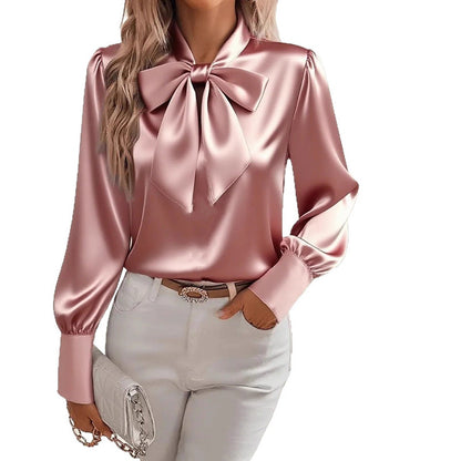 Women’s Satin Long Sleeve Bow-Tie Blouse – Solid Color Casual Top