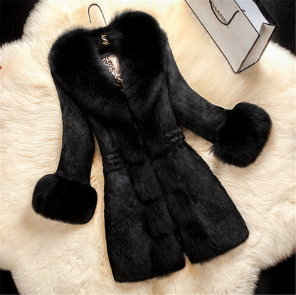 Luxury Fox-Collar Rabbit Fur Long Coat – Women’s Premium Winter Elegance