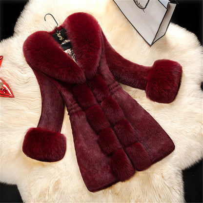 Luxury Fox-Collar Rabbit Fur Long Coat – Women’s Premium Winter Elegance