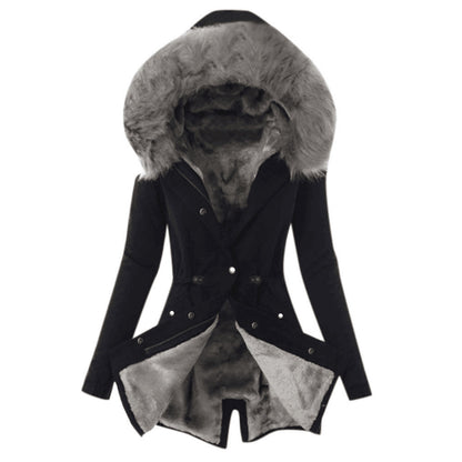 Fur Trim Cozy Draw Coat – Women’s Warm Solid Color Winter Cotton Jacket
