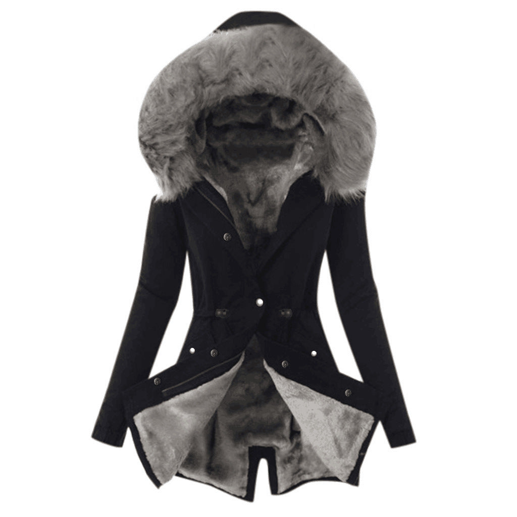 Fur Trim Cozy Draw Coat – Women’s Warm Solid Color Winter Cotton Jacket