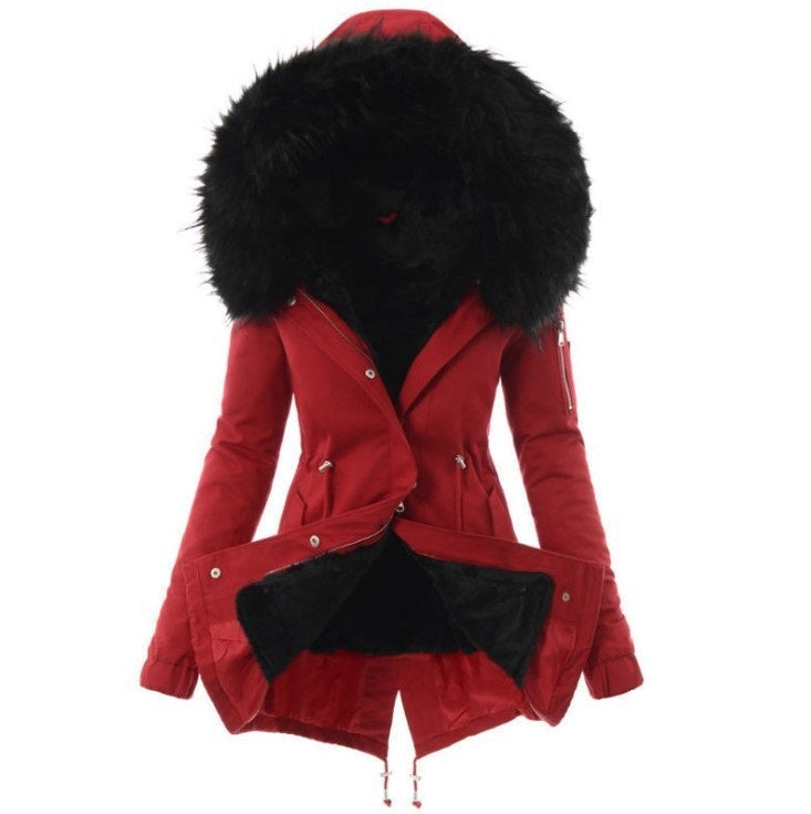 Fur Trim Cozy Draw Coat – Women’s Warm Solid Color Winter Cotton Jacket