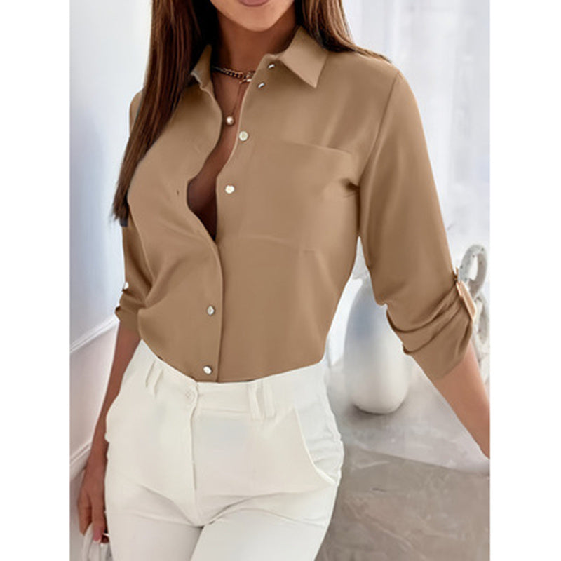 Women’s V-Neck Button-Down Blouse – Rolled Sleeve Dressy Casual Top