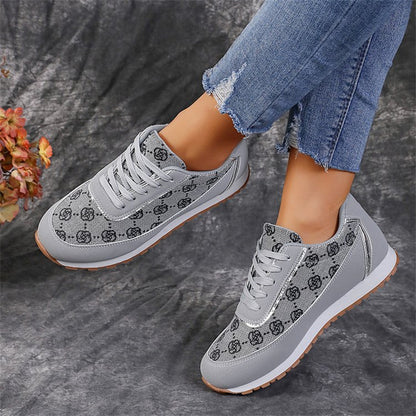 Women’s Flower Print Lace-Up Sneakers – Lightweight Breathable Casual Running Shoes