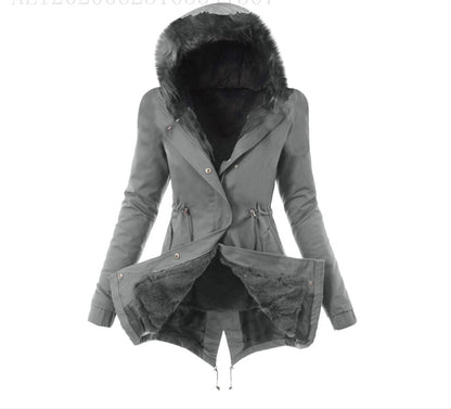 Fur Trim Cozy Draw Coat – Women’s Warm Solid Color Winter Cotton Jacket