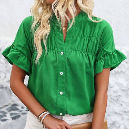 Women’s Ruffle Sleeve Summer Button-Down Blouse – Dressy V-Neck Work Top
