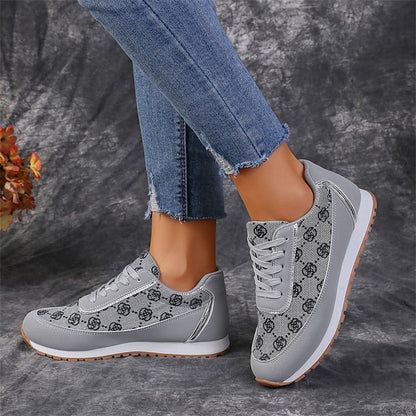 Women’s Flower Print Lace-Up Sneakers – Lightweight Breathable Casual Running Shoes