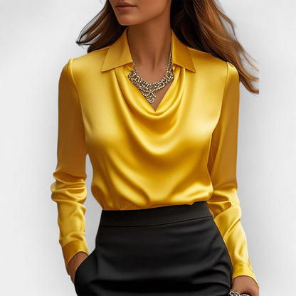 Women’s Satin Draped Swing Collar Blouse – Elegant Long Sleeve Office Top