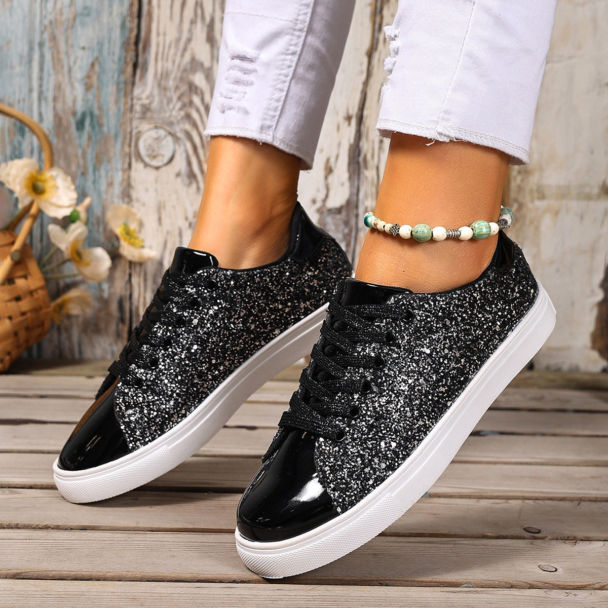 Women’s Plus Size Sequined Lace-Up Sneakers – Shiny Casual Solid Color Board Shoes