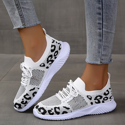 Women’s White Leopard Print Lace-Up Sneakers – Trendy Casual Sports Shoes
