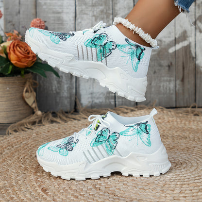 Women’s Butterfly Print Mesh Sneakers – Stylish Flat Heel Running & Walking Shoes