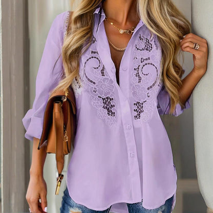 Women’s Contrast Lace Button-Down Blouse – Long Sleeve Fall Fashion Top