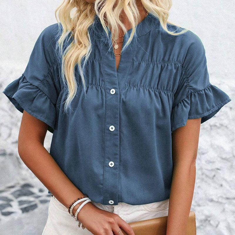 Women’s Ruffle Sleeve Summer Button-Down Blouse – Dressy V-Neck Work Top
