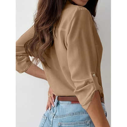 Women’s V-Neck Button-Down Blouse – Rolled Sleeve Dressy Casual Top