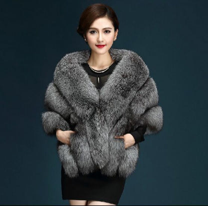 Silver Frost Fox Fur Cape – Women’s Elegant Winter Shawl Coat