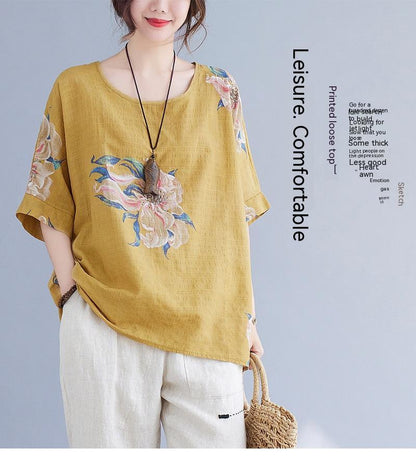 Korean Cotton Linen Half-Sleeve Summer Top