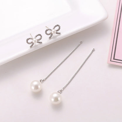 Sterling Silver Long Bow Pearl Earrings – Hypoallergenic Design